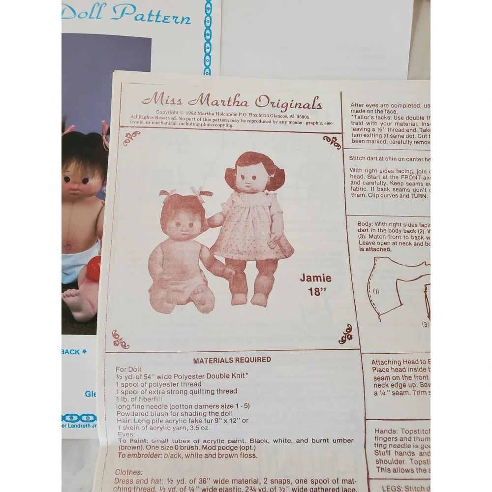 Miss Martha Originals Jamie Soft Sculpture Doll Pattern J180 Vntage 1982 18 Inch